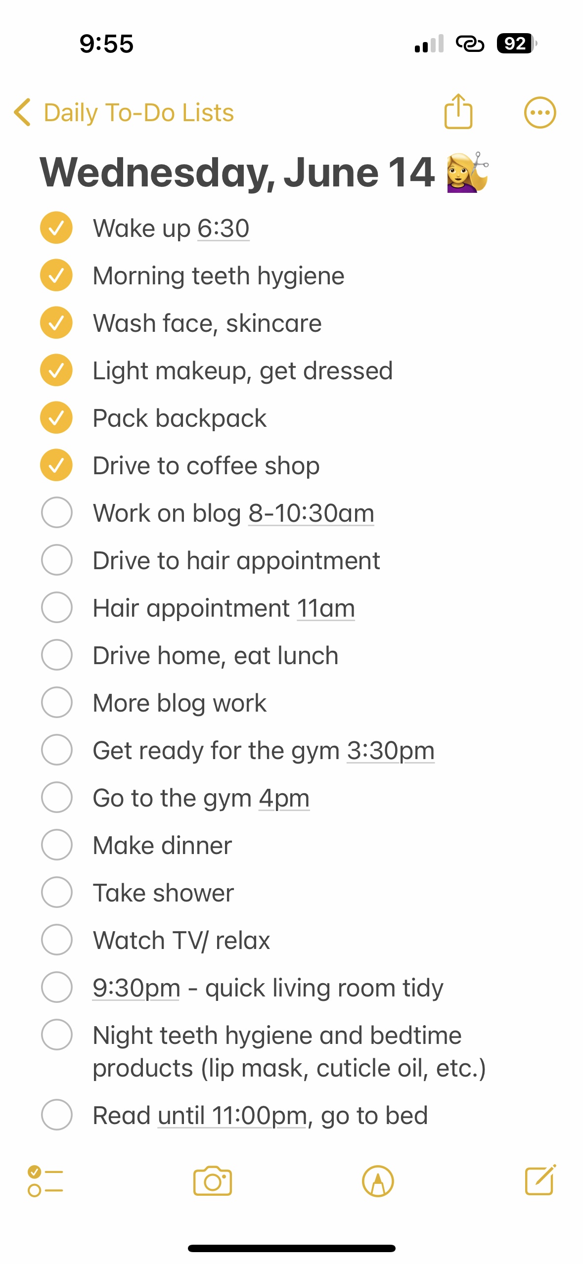 daily routine checklist example